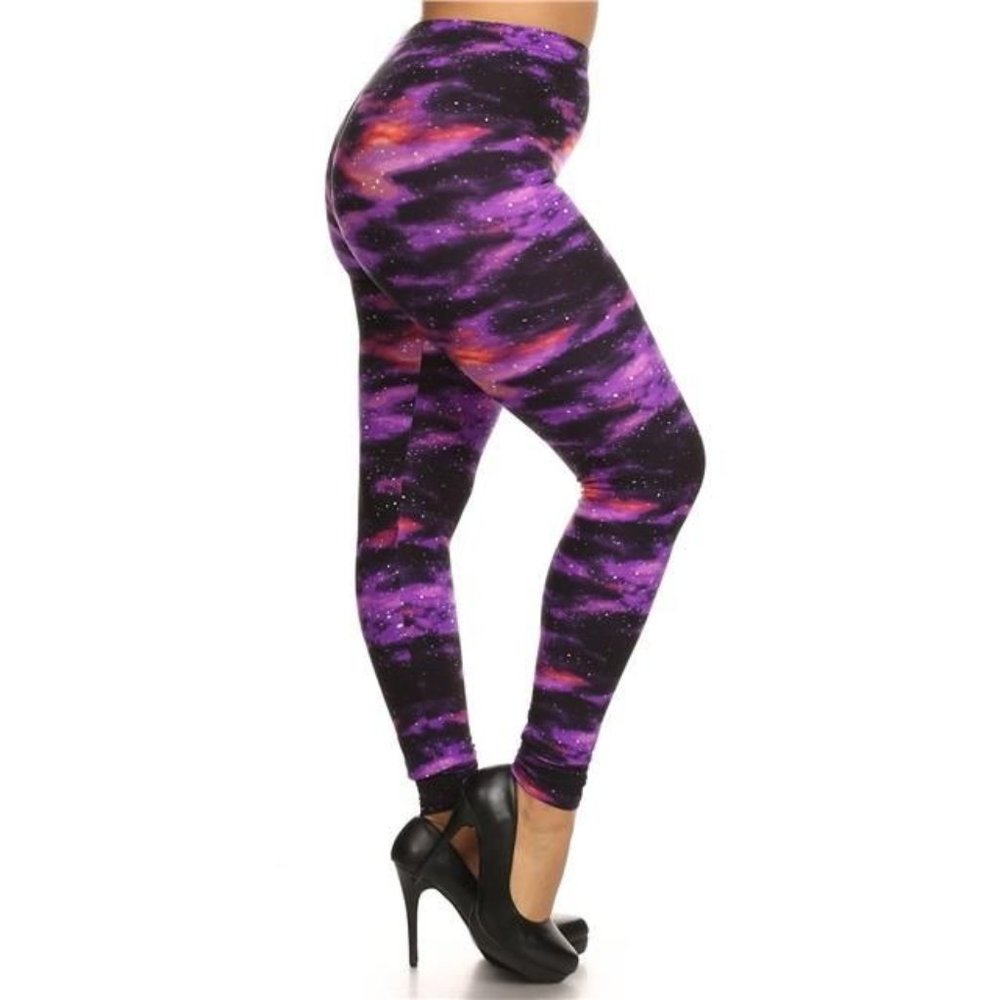 (Plus) Curvy Purple Multi Galaxy Graphic Print Peach Skin Leggings